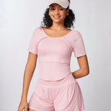 Sport Streetz Conjunto deportivo de mujer para verano con camiseta de cuello redondo de manga corta y pantalones cortos de unicolor, atuendo de tenis para mujer