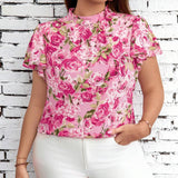 Clasi Camisa elegante de mujer de a grande con estampado floral de verano y ribete de volantes