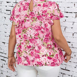 Clasi Camisa elegante de mujer de a grande con estampado floral de verano y ribete de volantes