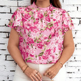 Clasi Camisa elegante de mujer de a grande con estampado floral de verano y ribete de volantes