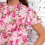 Clasi Camisa elegante de mujer de a grande con estampado floral de verano y ribete de volantes