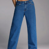Forever 21 Jeans casuales azules con cintura alta y pernera ancha tratados con acabado de metal pesado