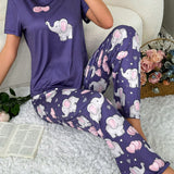 Conjunto de pijama de 2 piezas para mujer con diseno encantador de elefante y corazon