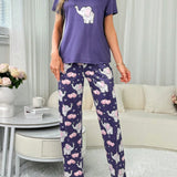 Conjunto de pijama de 2 piezas para mujer con diseno encantador de elefante y corazon