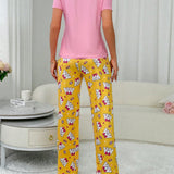 Conjunto de pijama de manga corta y pantalon largo para mujeres con estampado de conejo