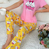 Conjunto de pijama de manga corta y pantalon largo para mujeres con estampado de conejo