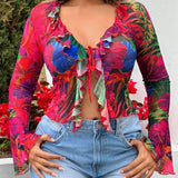 SXY Blusa de mujer de manga acampanada con dobladillo con ribetes de volantes y estampado tropical, ideal para vacaciones de verano