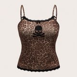 Kawaii Top casual de camisola de encaje con estampado de leopardo y contraste de tamano grande para mujeres de verano