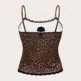 Kawaii Top casual de camisola de encaje con estampado de leopardo y contraste de tamano grande para mujeres de verano