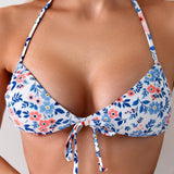 Swim Conjunto de bikini sexy de flores con corbata en el cuello para mujer, ideal para vacaciones en la playa