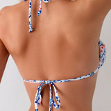 Swim Conjunto de bikini sexy de flores con corbata en el cuello para mujer, ideal para vacaciones en la playa