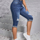 PETITE Jeans de longitud media ajustados de moda para mujeres con diseno desgastado