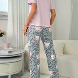 Juego de pijama de seda de leche para mujeres, 140g con impresion digital, PJS1