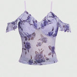 ROMWE Fairycore Blusa morada de mujer con estampado floral de verano, corte de hombros descubiertos y ribete de volantes