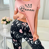Conjunto de pijama para mujer con top de manga corta estampado de letras y pantalones con estampado de lunares de corazones y letras