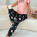 Conjunto de pijama para mujer con top de manga corta estampado de letras y pantalones con estampado de lunares de corazones y letras