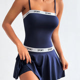 Falda corta con cintura ajustable en forma de A, tirantes de jacquard de letras y bolsillos, vestido sin mangas para deportes, equipo de tenis para mujer