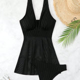 Swim Vcay Conjunto de traje de bano Tankini de verano para vacaciones en la playa de moda femenina con cuello en V y malla
