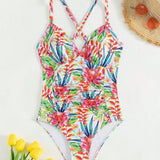 Swim Lushore Traje de bano de una sola pieza con pliegues y estampado de plantas tropicales y tirantes impresos para playa de verano