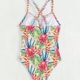 Swim Lushore Traje de bano de una sola pieza con pliegues y estampado de plantas tropicales y tirantes impresos para playa de verano