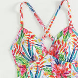 Swim Lushore Traje de bano de una sola pieza con pliegues y estampado de plantas tropicales y tirantes impresos para playa de verano