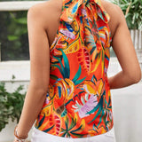 Parte superior de mujer con diseno floral, cuello halter y espalda descubierta para verano en la playa