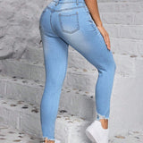 PETITE Jeans de mezclilla desgastados ajustados casuales para uso diario de mujer con bolsillos