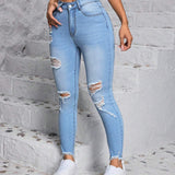 PETITE Jeans de mezclilla desgastados ajustados casuales para uso diario de mujer con bolsillos