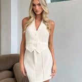 Aloruh Conjunto de camisa de chaleco unicolor de moda versatil elegante de verano para mujer para commuter diario casual basico simple + falda corta en blanco