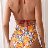 Traje de bano de una pieza sin espalda estilo halter y estampado floral completo para mujer para la playa del verano