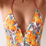 Traje de bano de una pieza sin espalda estilo halter y estampado floral completo para mujer para la playa del verano