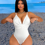 SXY Body blanco de verano para mujer con pliegues, escote en V, espalda descubierta y detalles con volantes