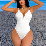 SXY Body blanco de verano para mujer con pliegues, escote en V, espalda descubierta y detalles con volantes