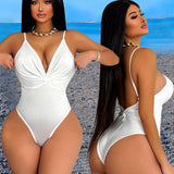 SXY Body blanco de verano para mujer con pliegues, escote en V, espalda descubierta y detalles con volantes