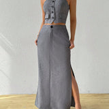Prive Traje de verano de lino gris con parte superior sin mangas con cuello cruzado y falda con corte alto en el muslo