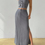Prive Traje de verano de lino gris con parte superior sin mangas con cuello cruzado y falda con corte alto en el muslo