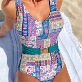 VCAY Traje de bano de una sola pieza con cuello en V, correa para la cintura y estampado completo, perfecto para la playa y la piscina en verano