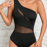 PETITE Mujeres Body Negro Atractivo con Cuello Asimetrico y Paneles de Malla Patchwork