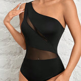 PETITE Mujeres Body Negro Atractivo con Cuello Asimetrico y Paneles de Malla Patchwork