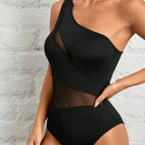 PETITE Mujeres Body Negro Atractivo con Cuello Asimetrico y Paneles de Malla Patchwork