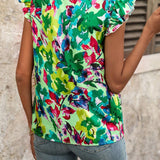 Camisa verde con mangas cap rectas y estampado floral, perfecta para ir de compras, viajar y salir en citas en verano