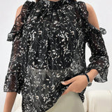 NEW  Mulvari Blusa elegante de manga larga con ribete de volantes con estampado floral impreso para mujer y dobladillo con volantes empalmados.