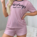 Conjunto de pijama de verano con Bottom a rayas, parte superior estampada con letras y mangas cortas y shorts