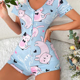 Ropa de dormir casual de mameluco de pijama con estampado de gato de dibujos animados para mujeres en verano con cierre de botones