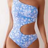 VCAY Traje de bano Monokini con estampado floral de verano, descubierto por un solo hombro y con detalles huecos