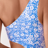 VCAY Traje de bano Monokini con estampado floral de verano, descubierto por un solo hombro y con detalles huecos