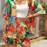 VCAY Conjunto casual de verano tropical con parte superior de manga corta con botones delanteros estampados con plantas tropicales y shorts anudados con cordon