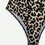 Traje de bano de una pieza con estampado de leopardo y tirantes tejidos con diseno de parches para la playa de verano