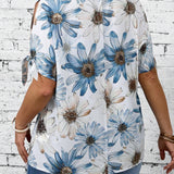 Camisa de a grande con cuello de muesca y estampado floral para vacaciones y ocasiones casuales de verano en el campo