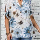 Camisa de a grande con cuello de muesca y estampado floral para vacaciones y ocasiones casuales de verano en el campo